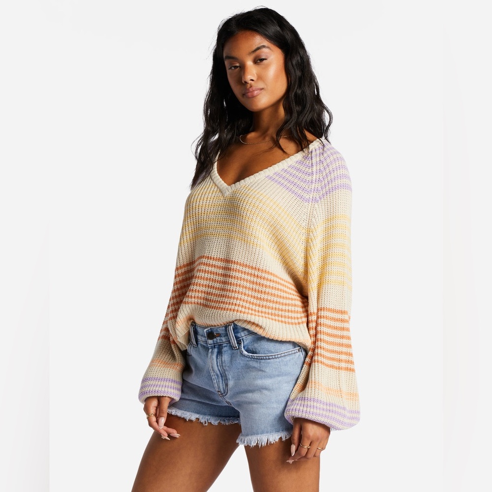 Billabong Striped V Neck Knit Sweater Multicolor Cropped Size L - Picture 2 of 6
